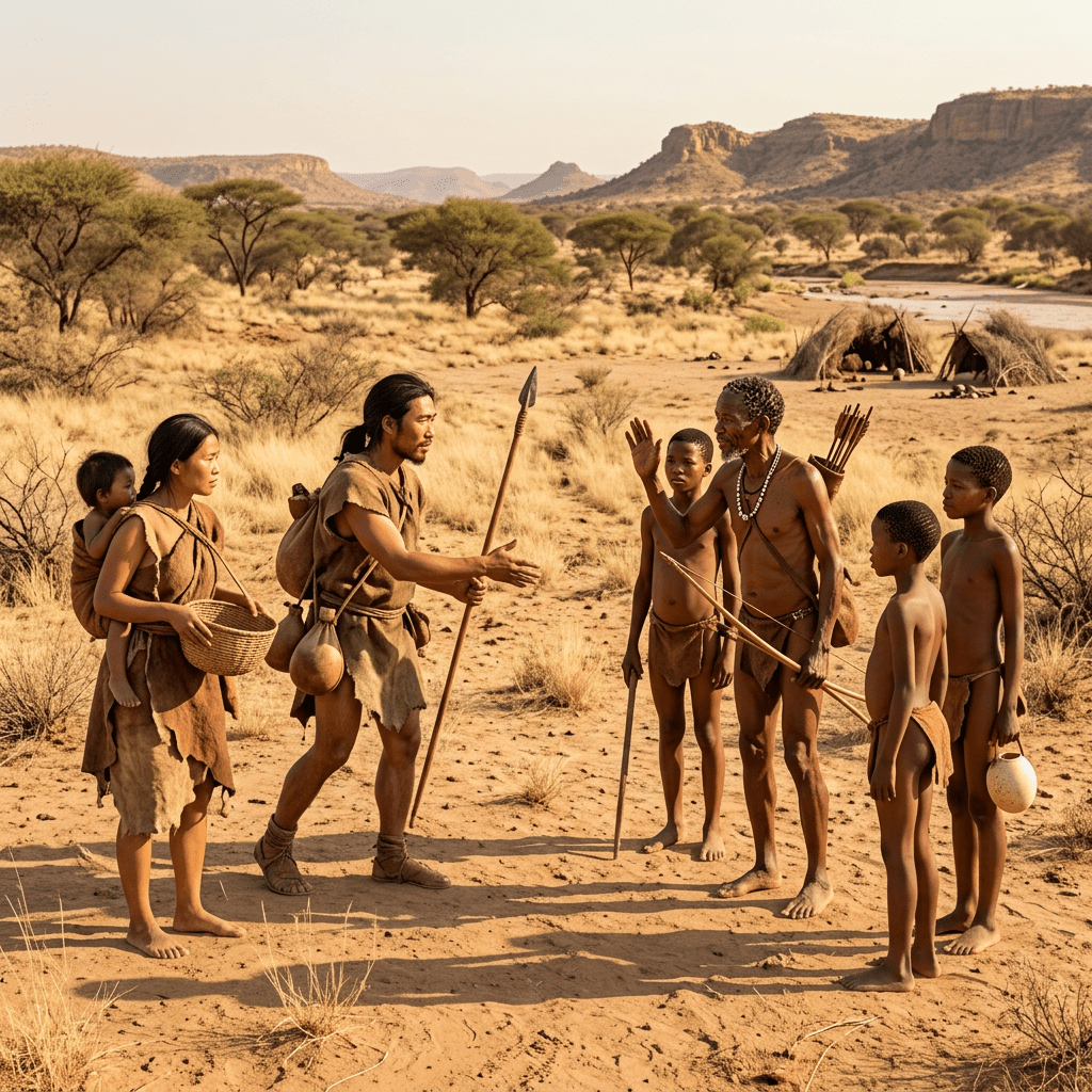 Two early humans meeting another group near huts in dry savanna